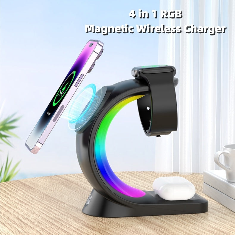 4 In 1 Magnetic Wireless Charger Fast Charging For Smart Phone Atmosphere Light Charging Station For Airpods Pro I-phone Watch Jes Mart