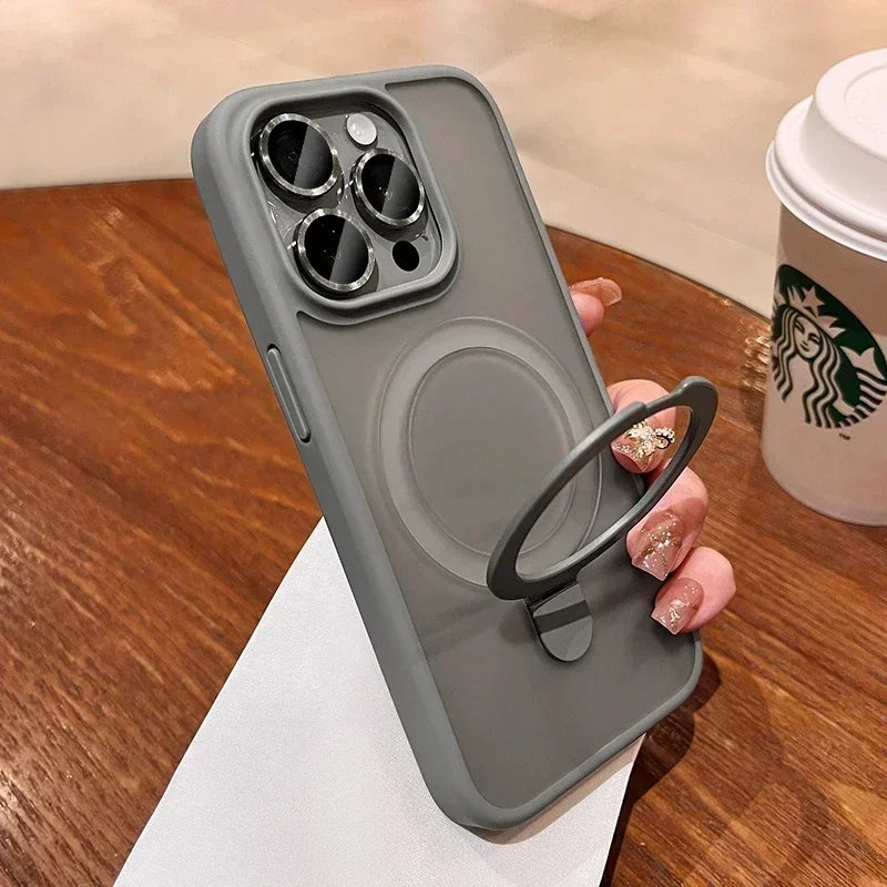 Matte Ring Holder Glass Lens Phone Case For iPhone 17 16 15 14 13 12 11 Pro Max For Magsafe Wireless Magnetic Hard Bumper Cover #JESMART- Jes Mart Jes Mart