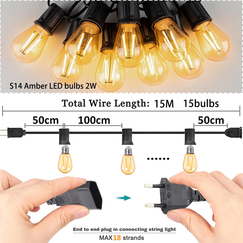 S14 Vintage Garland String Light Outdoor LED Light. E26 220V 1W 2W Connectable Shatterproof Street Garland Decor Lights Chain