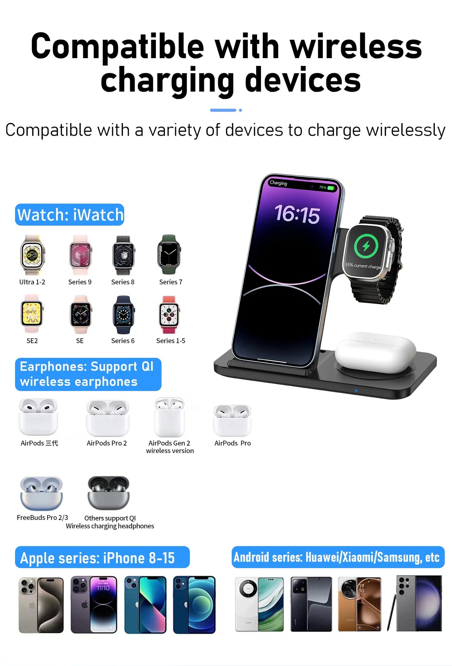 3 in 1 Wireless Charger Stand Pad For iPhone 17 16 15 14 13 12 X Max Foldable Fast Charging Station Dock For IWatch 8 7 SE AirPods Pro Jes Mart