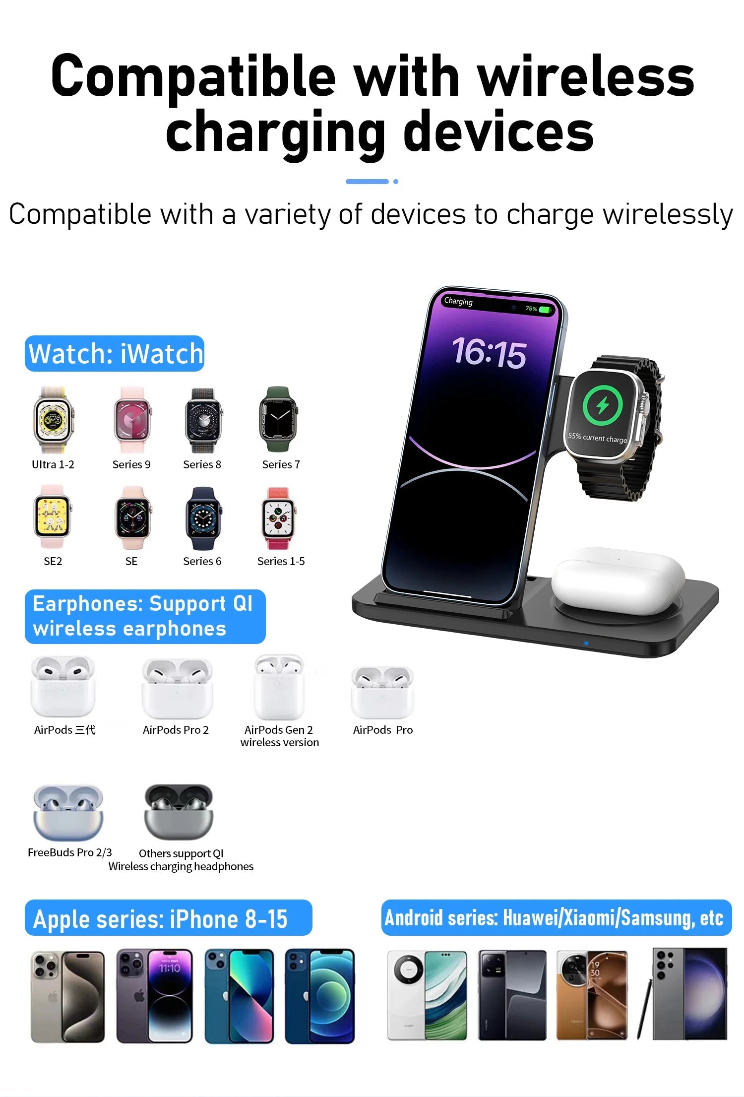 3 in 1 Wireless Charger Stand Pad For iPhone 17 16 15 14 13 12 X Max Foldable Fast Charging Station Dock For IWatch 8 7 SE AirPods Pro Jes Mart