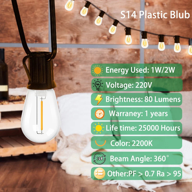 S14 Vintage Garland String Light Outdoor LED Light. E26 220V 1W 2W Connectable Shatterproof Street Garland Decor Lights Chain