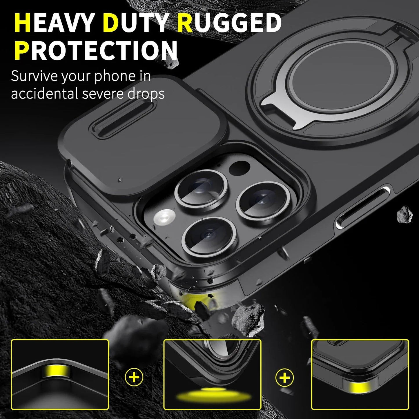 Luxury Heavy-Duty Rugged Armor Magnetic Bracket Case For iPhone 17 16 15 14 13 12 11 Pro Max Slide Camera Protection PC Cover Jes Mart