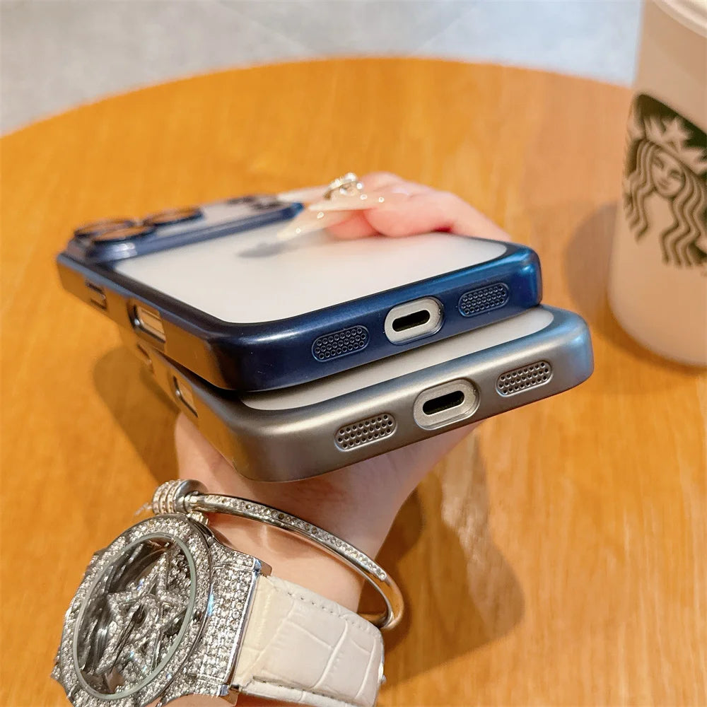 iphone 17 Luxury Frosted Transparent Matte Phone Case For iPhone 16 15 17 Pro Max Air Full Lens Protector Metallic Color Frame Armor Cover