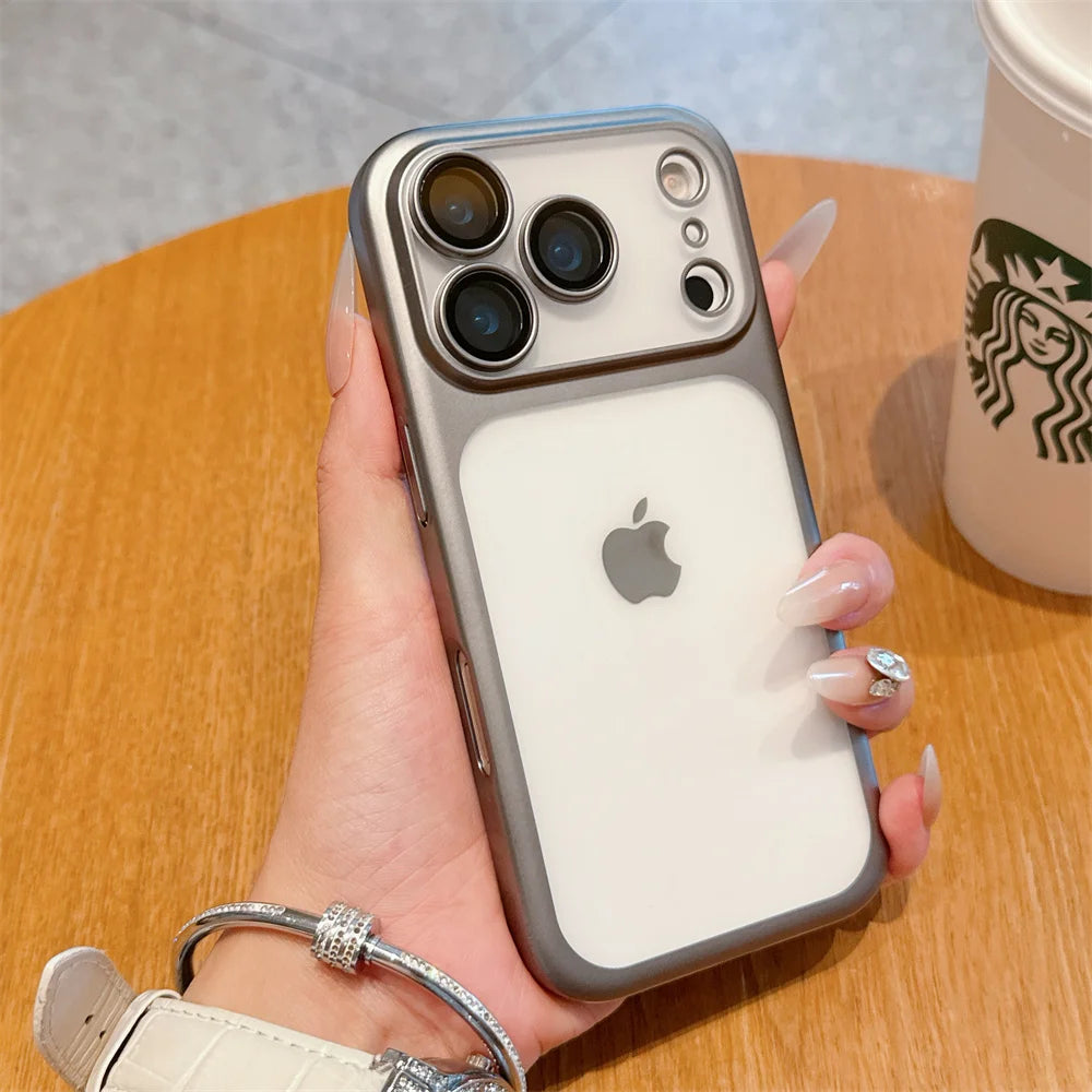 iphone 17 Luxury Frosted Transparent Matte Phone Case For iPhone 16 15 17 Pro Max Air Full Lens Protector Metallic Color Frame Armor Cover