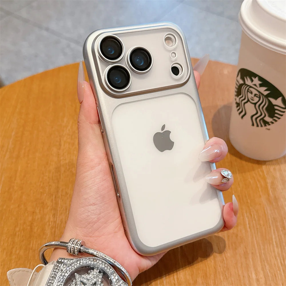 iphone 17 Luxury Frosted Transparent Matte Phone Case For iPhone 16 15 17 Pro Max Air Full Lens Protector Metallic Color Frame Armor Cover