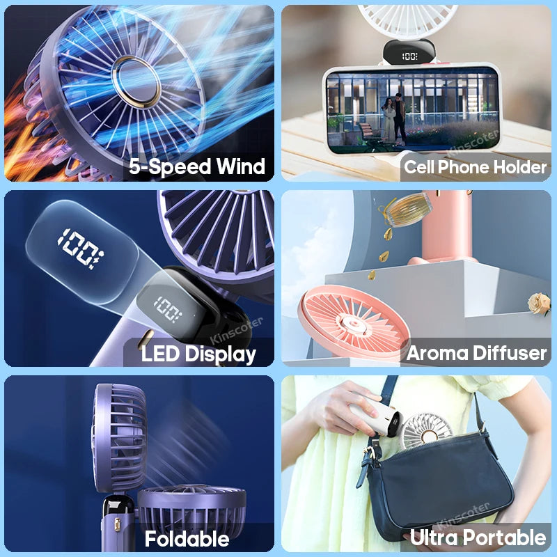 Handheld Mini Fan Foldable Portable Neck Hanging Fans 5 Speed USB Rechargeable Fan with Phone Stand and Display Screen Jes Mart