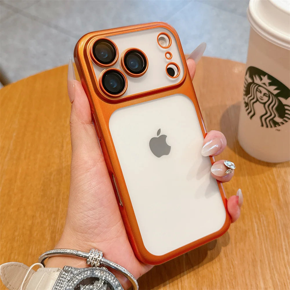 iphone 17 Luxury Frosted Transparent Matte Phone Case For iPhone 16 15 17 Pro Max Air Full Lens Protector Metallic Color Frame Armor Cover
