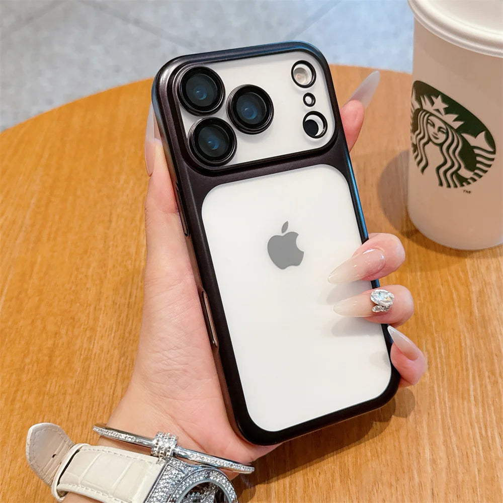 iphone 17 Luxury Frosted Transparent Matte Phone Case For iPhone 16 15 17 Pro Max Air Full Lens Protector Metallic Color Frame Armor Cover