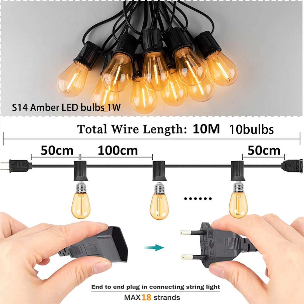 S14 Vintage Garland String Light Outdoor LED Light. E26 220V 1W 2W Connectable Shatterproof Street Garland Decor Lights Chain