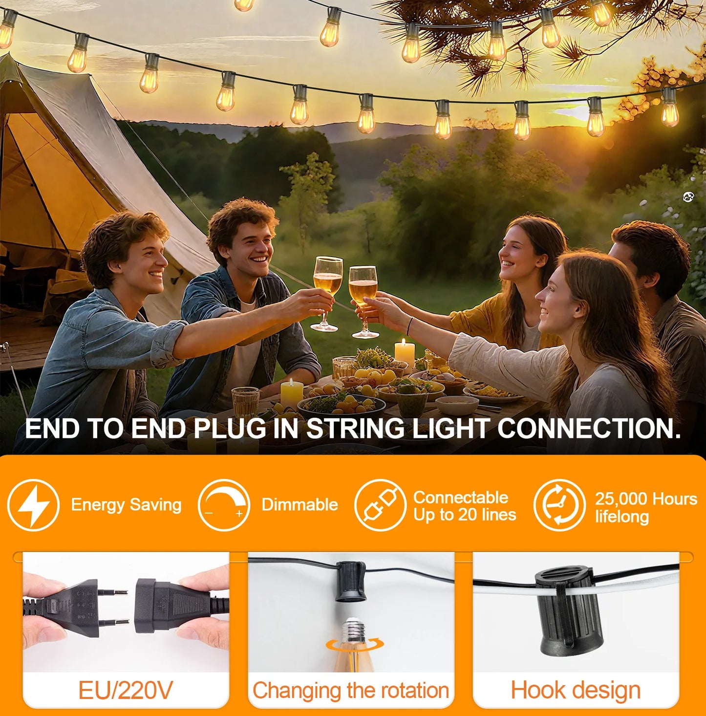 S14 Vintage Garland String Light Outdoor LED Light. E26 220V 1W 2W Connectable Shatterproof Street Garland Decor Lights Chain