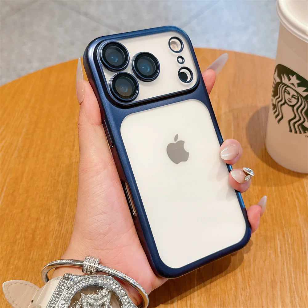 iphone 17 Luxury Frosted Transparent Matte Phone Case For iPhone 16 15 17 Pro Max Air Full Lens Protector Metallic Color Frame Armor Cover