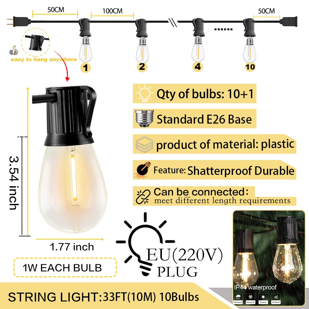 S14 Vintage Garland String Light Outdoor LED Light. E26 220V 1W 2W Connectable Shatterproof Street Garland Decor Lights Chain