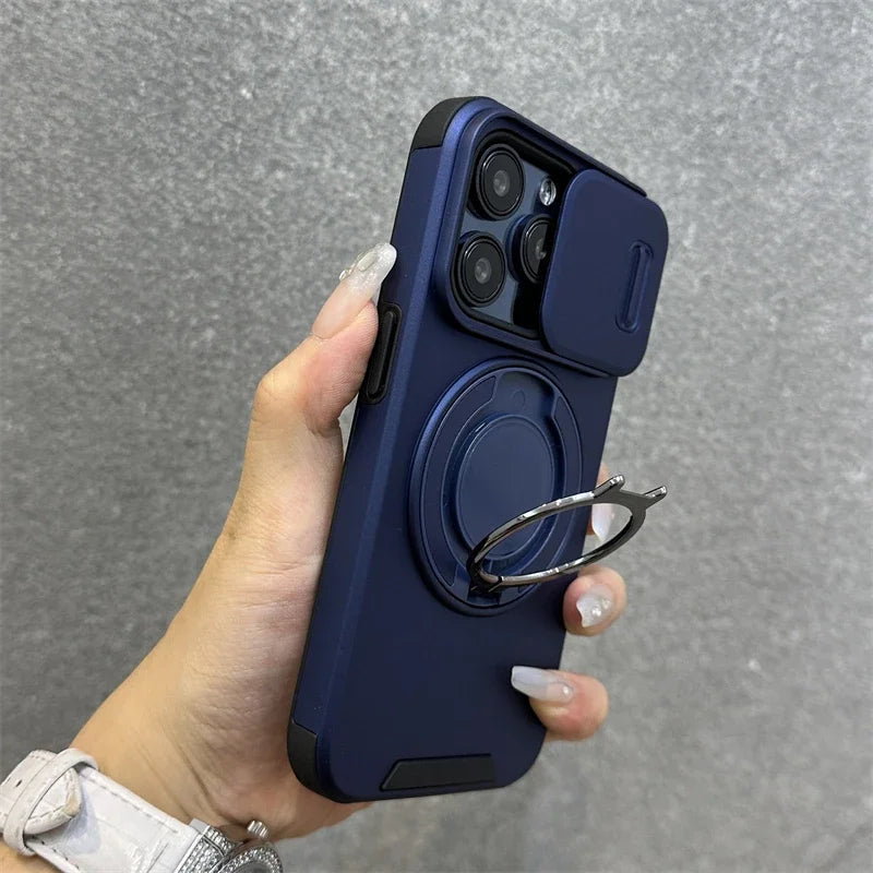 Luxury Heavy-Duty Rugged Armor Magnetic Bracket Case For iPhone 17 16 15 14 13 12 11 Pro Max Slide Camera Protection PC Cover Jes Mart