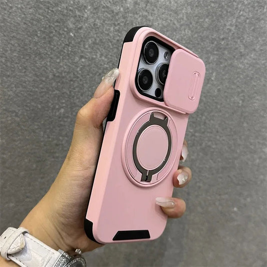 Luxury Heavy-Duty Rugged Armor Magnetic Bracket Case For iPhone 17 16 15 14 13 12 11 Pro Max Slide Camera Protection PC Cover Jes Mart