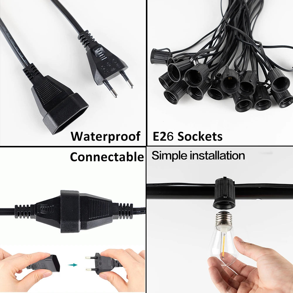 S14 Vintage Garland String Light Outdoor LED Light. E26 220V 1W 2W Connectable Shatterproof Street Garland Decor Lights Chain