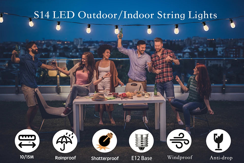 S14 Vintage Garland String Light Outdoor LED Light. E26 220V 1W 2W Connectable Shatterproof Street Garland Decor Lights Chain