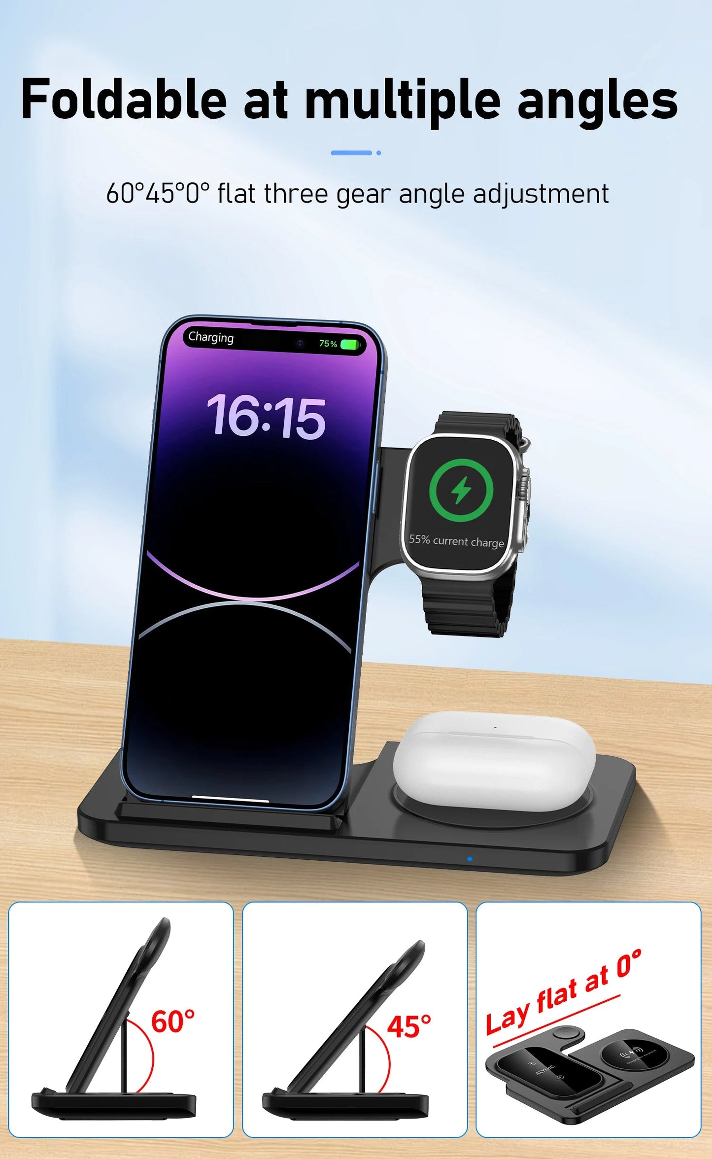 3 in 1 Wireless Charger Stand Pad For iPhone 17 16 15 14 13 12 X Max Foldable Fast Charging Station Dock For IWatch 8 7 SE AirPods Pro Jes Mart