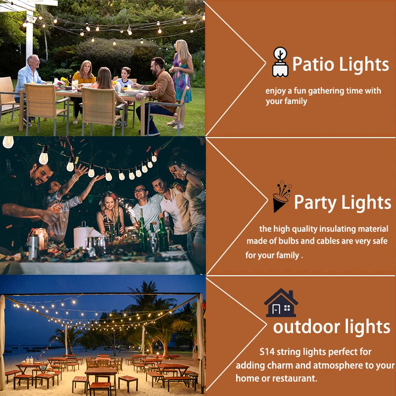 S14 Vintage Garland String Light Outdoor LED Light. E26 220V 1W 2W Connectable Shatterproof Street Garland Decor Lights Chain