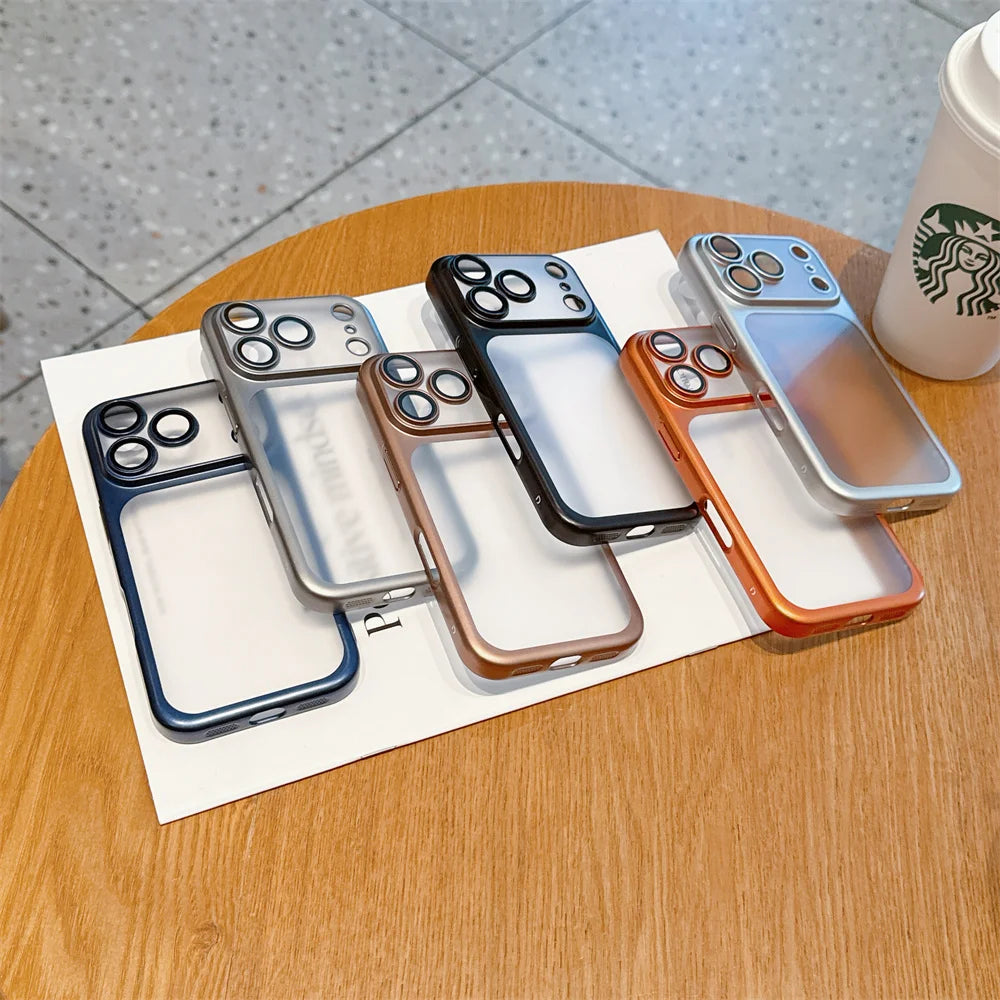 iphone 17 Luxury Frosted Transparent Matte Phone Case For iPhone 16 15 17 Pro Max Air Full Lens Protector Metallic Color Frame Armor Cover