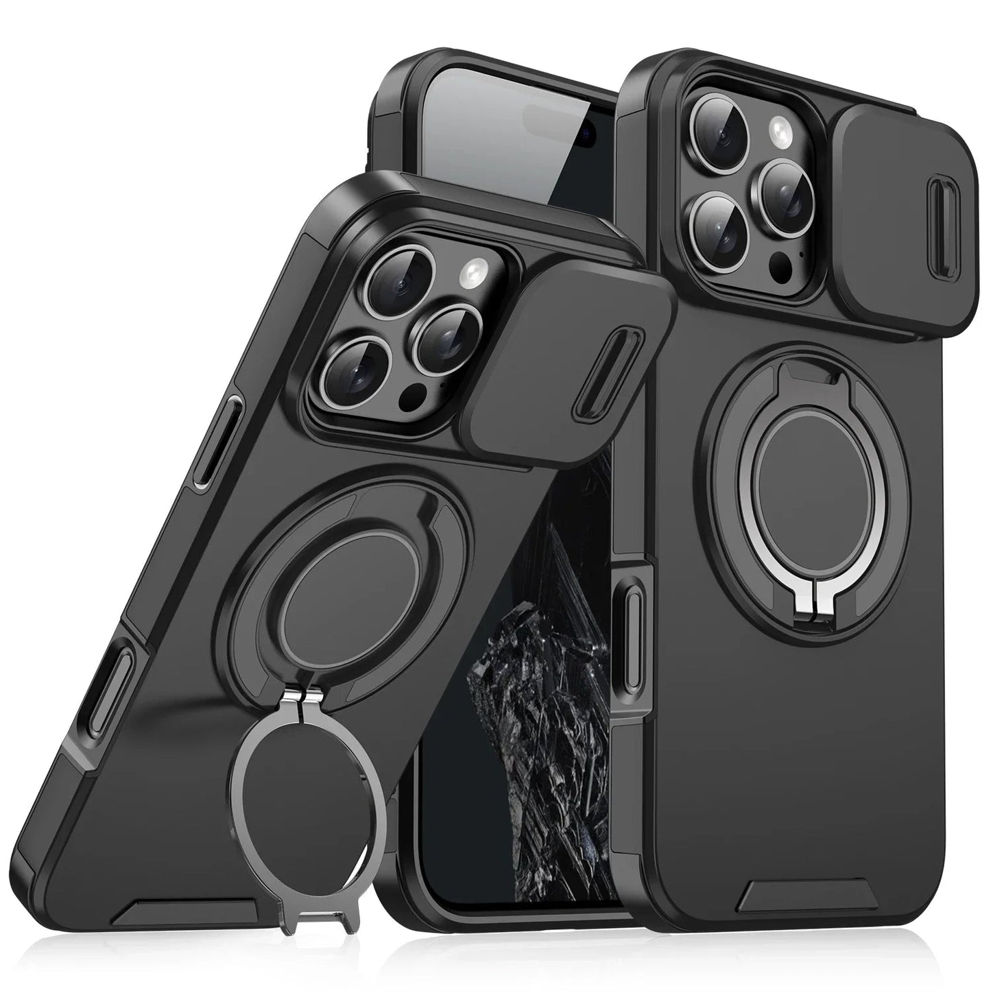Luxury Heavy-Duty Rugged Armor Magnetic Bracket Case For iPhone 17 16 15 14 13 12 11 Pro Max Slide Camera Protection PC Cover Jes Mart