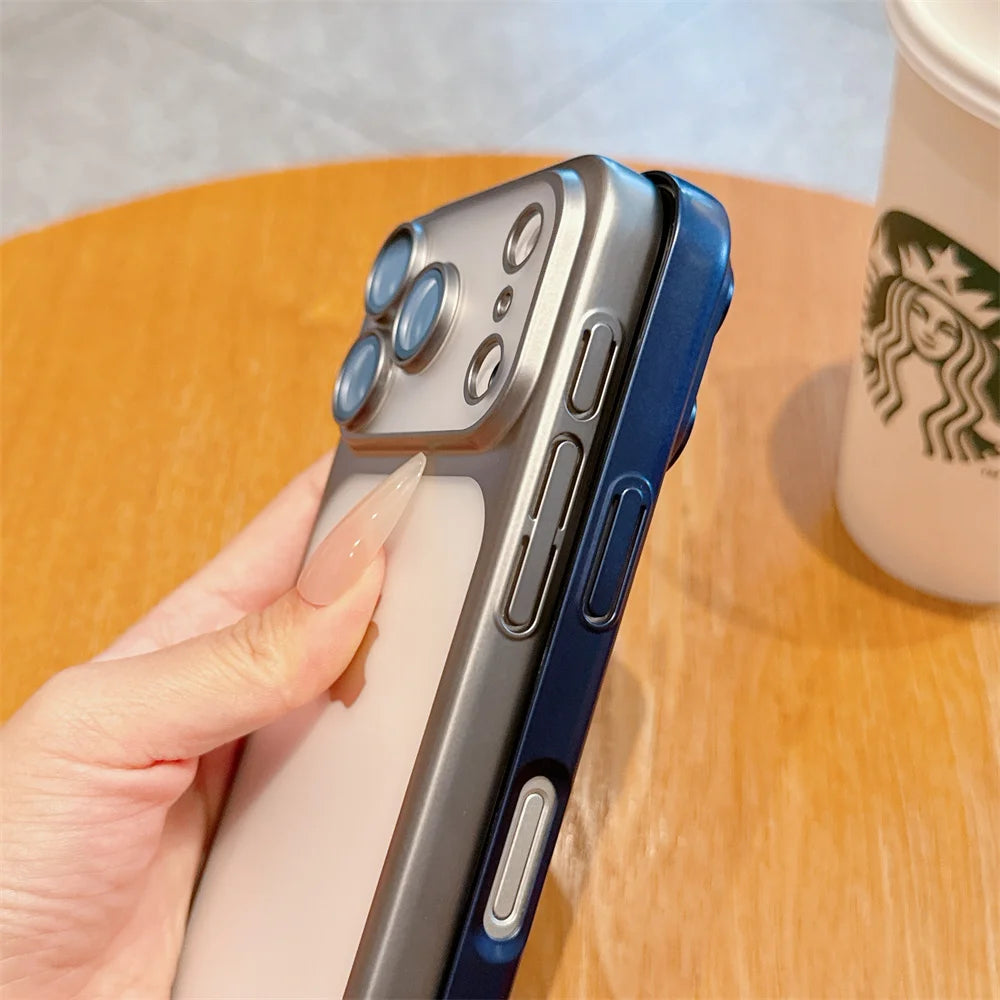 iphone 17 Luxury Frosted Transparent Matte Phone Case For iPhone 16 15 17 Pro Max Air Full Lens Protector Metallic Color Frame Armor Cover