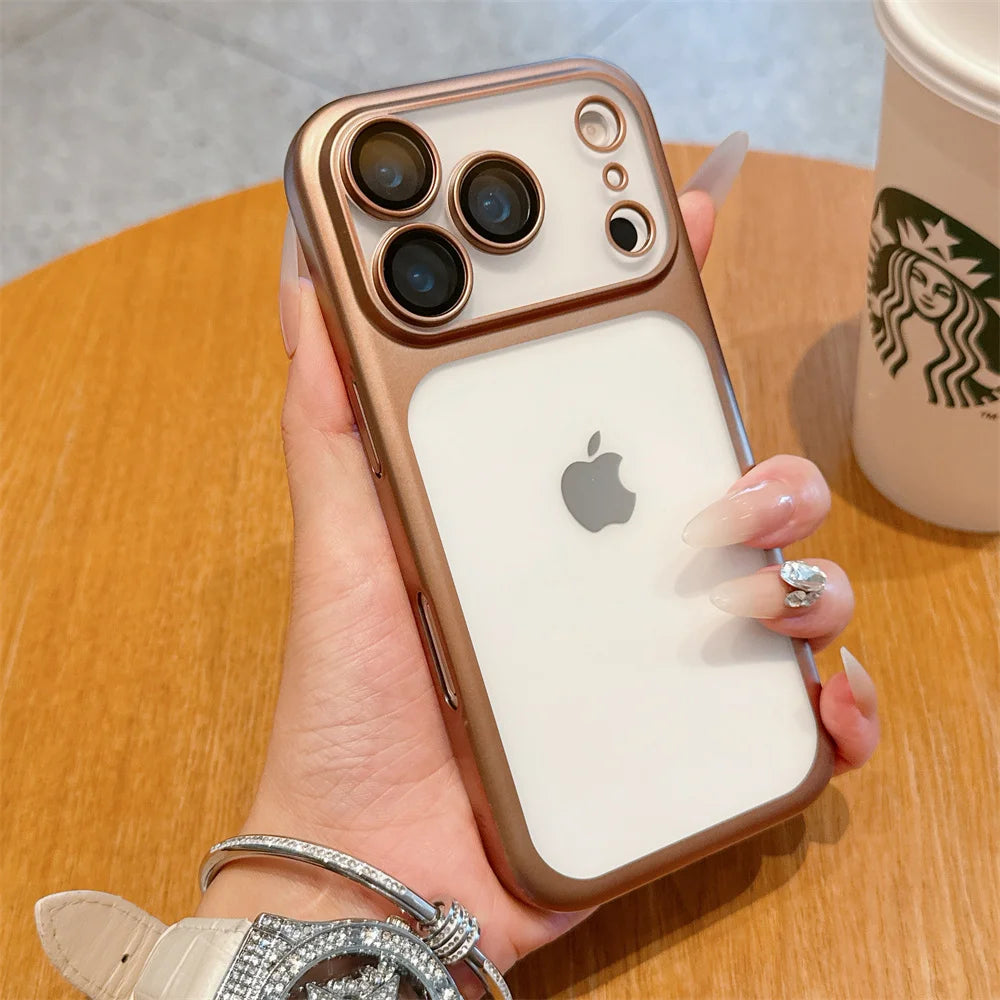 iphone 17 Luxury Frosted Transparent Matte Phone Case For iPhone 16 15 17 Pro Max Air Full Lens Protector Metallic Color Frame Armor Cover
