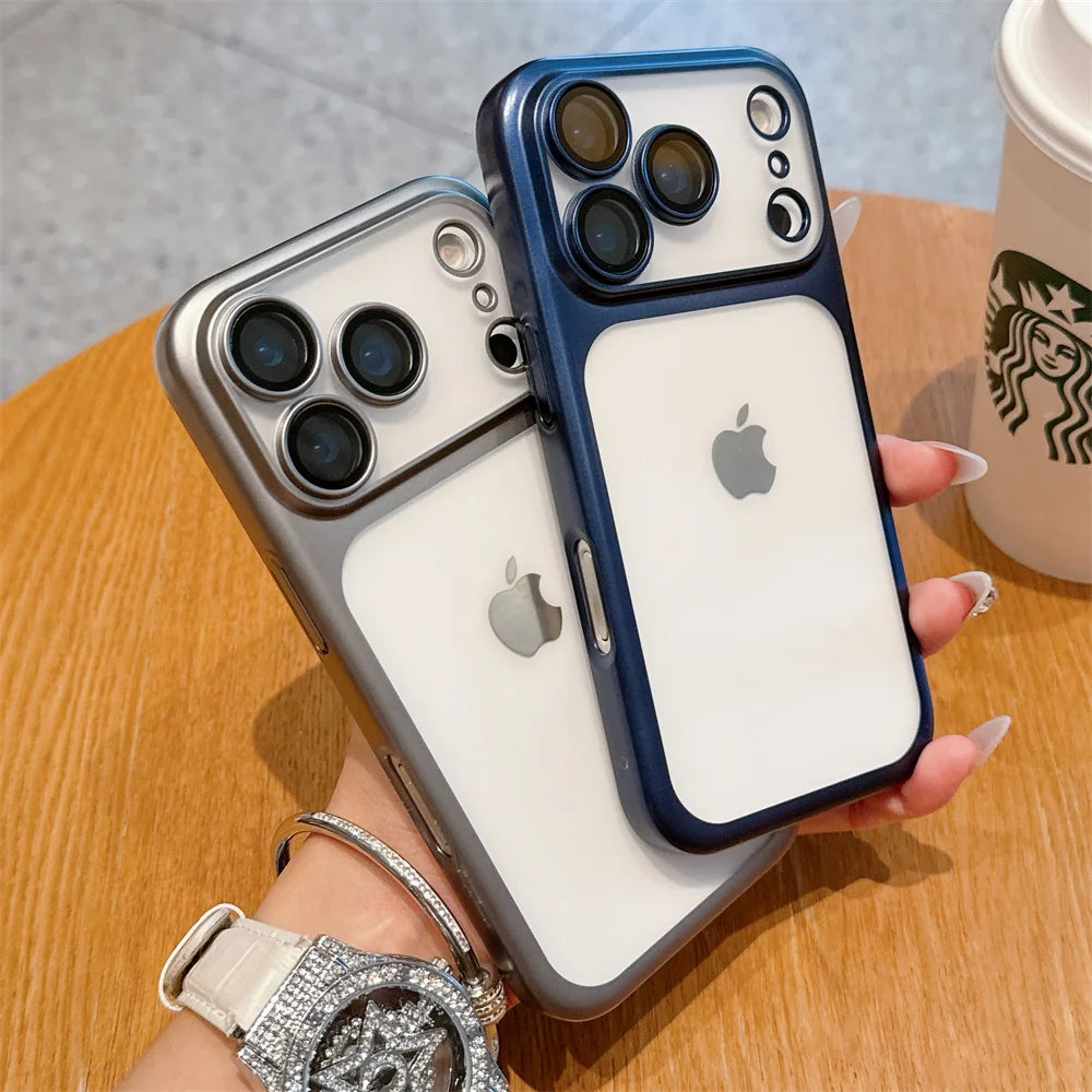 iphone 17 Luxury Frosted Transparent Matte Phone Case For iPhone 16 15 17 Pro Max Air Full Lens Protector Metallic Color Frame Armor Cover