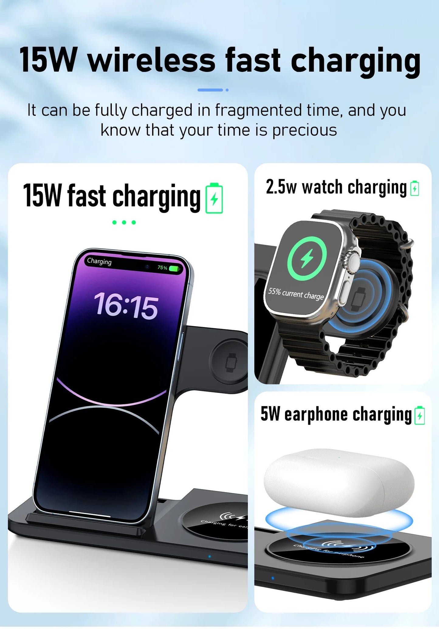 3 in 1 Wireless Charger Stand Pad For iPhone 17 16 15 14 13 12 X Max Foldable Fast Charging Station Dock For IWatch 8 7 SE AirPods Pro Jes Mart