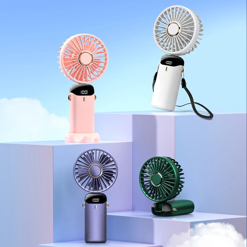 Handheld Mini Fan Foldable Portable Neck Hanging Fans 5 Speed USB Rechargeable Fan with Phone Stand and Display Screen Jes Mart