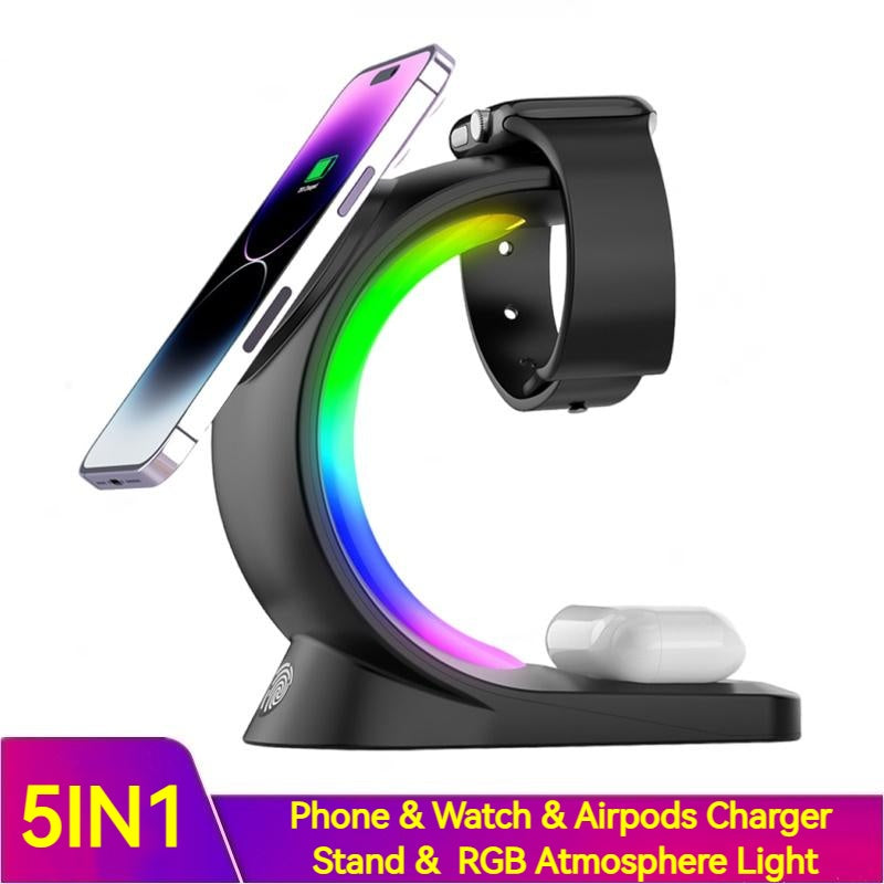 4 In 1 Magnetic Wireless Charger Fast Charging For Smart Phone Atmosphere Light Charging Station For Airpods Pro I-phone Watch Jes Mart