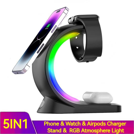 4 In 1 Magnetic Wireless Charger Fast Charging For Smart Phone Atmosphere Light Charging Station For Airpods Pro I-phone Watch Jes Mart