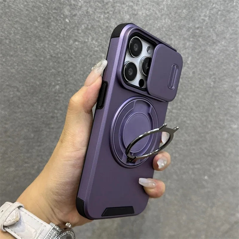 Luxury Heavy-Duty Rugged Armor Magnetic Bracket Case For iPhone 17 16 15 14 13 12 11 Pro Max Slide Camera Protection PC Cover Jes Mart