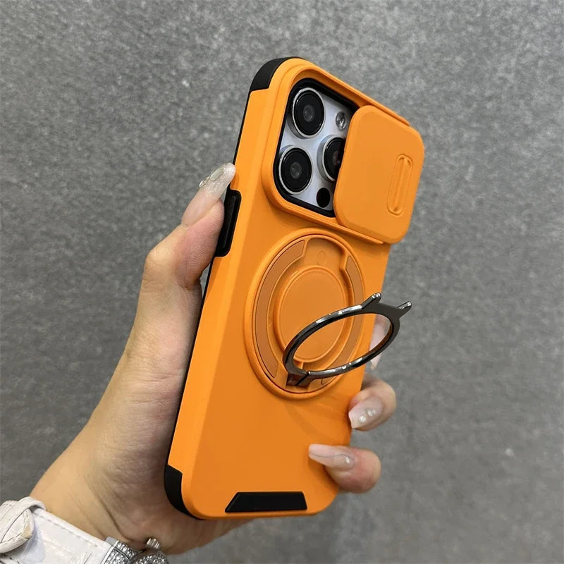 Luxury Heavy-Duty Rugged Armor Magnetic Bracket Case For iPhone 17 16 15 14 13 12 11 Pro Max Slide Camera Protection PC Cover Jes Mart