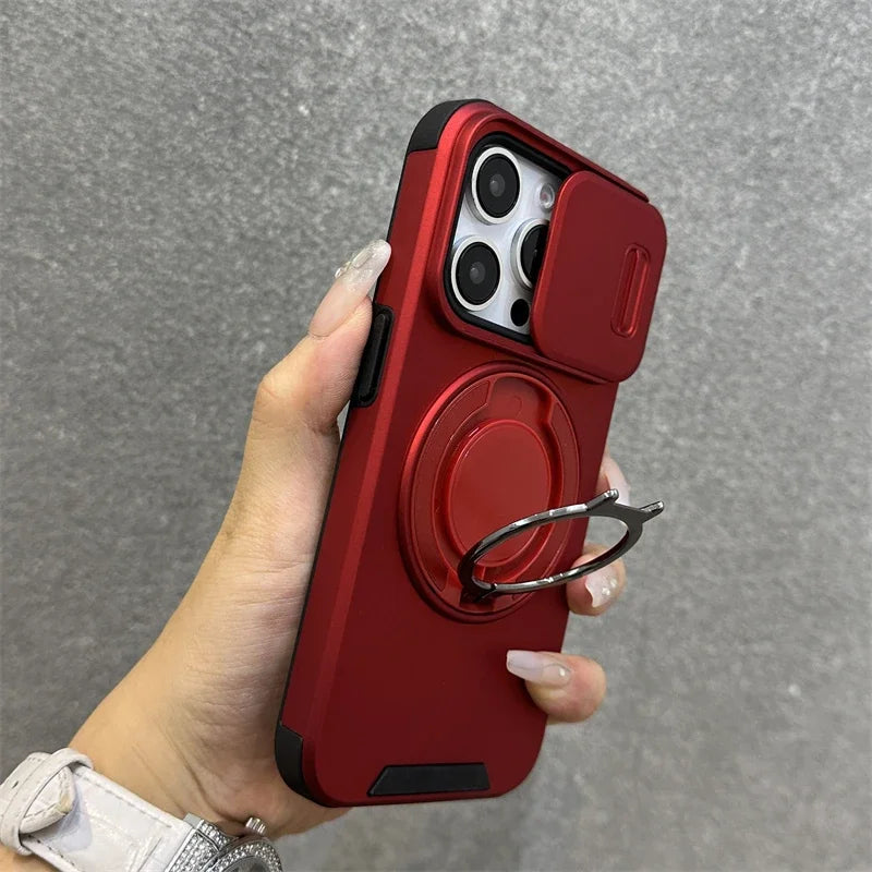 Luxury Heavy-Duty Rugged Armor Magnetic Bracket Case For iPhone 17 16 15 14 13 12 11 Pro Max Slide Camera Protection PC Cover Jes Mart