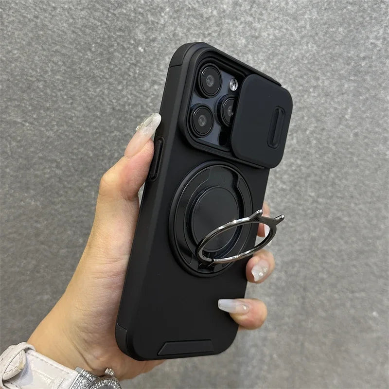 Luxury Heavy-Duty Rugged Armor Magnetic Bracket Case For iPhone 17 16 15 14 13 12 11 Pro Max Slide Camera Protection PC Cover Jes Mart