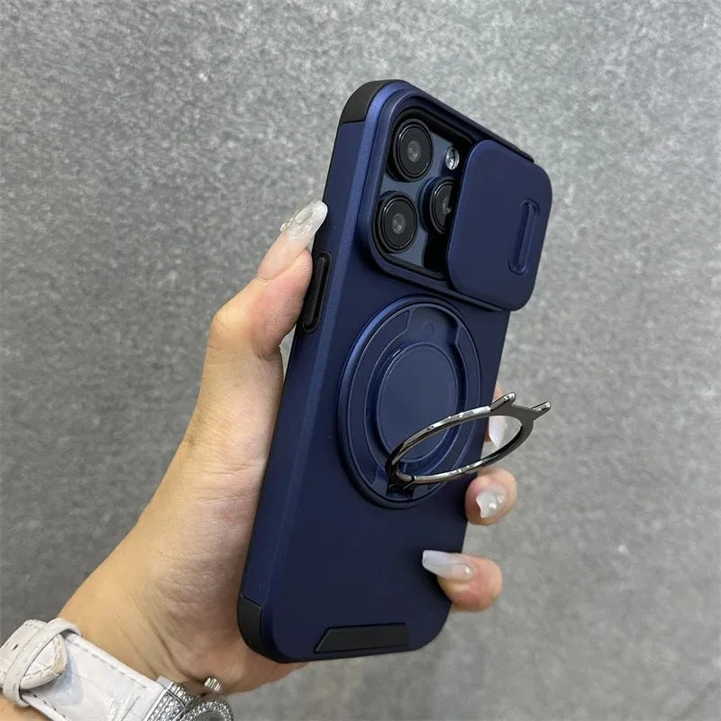 Luxury Heavy-Duty Rugged Armor Magnetic Bracket Case For iPhone 17 16 15 14 13 12 11 Pro Max Slide Camera Protection PC Cover Jes Mart