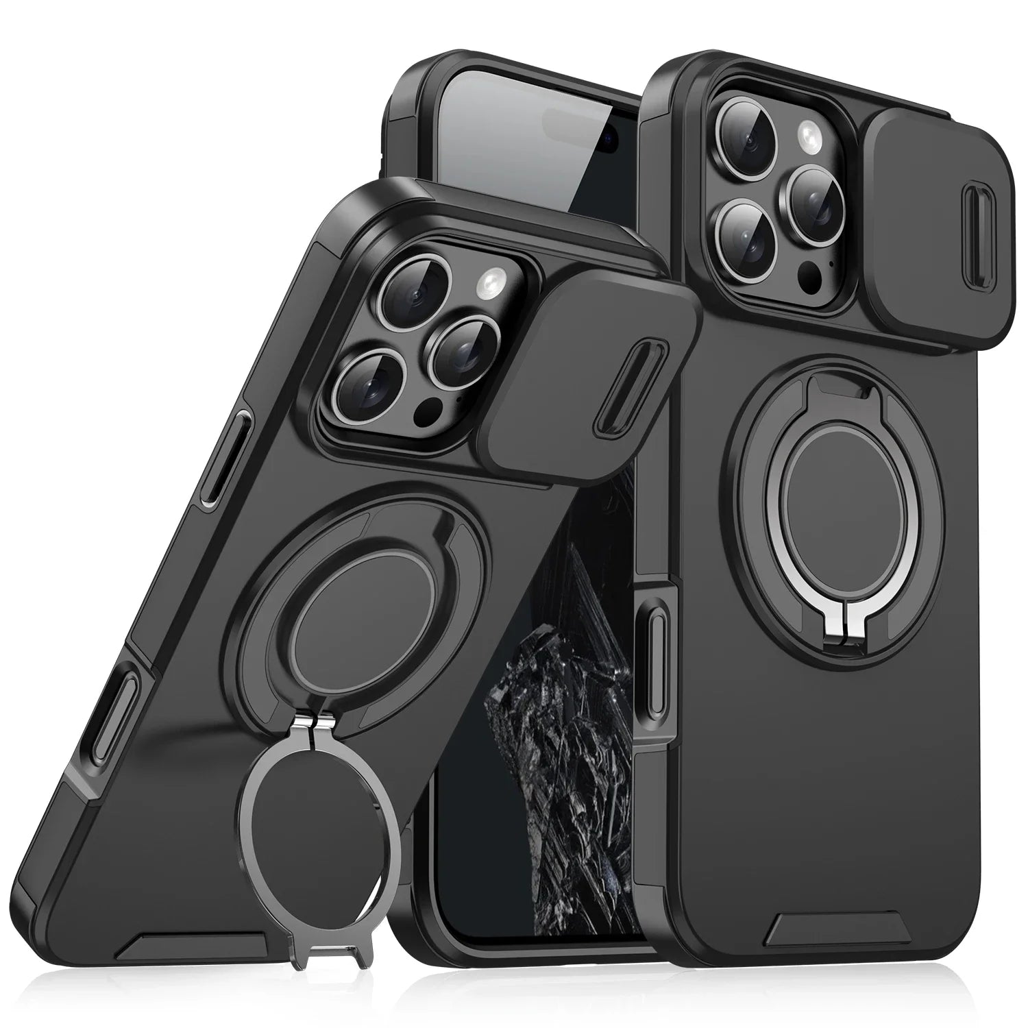 Luxury Heavy-Duty Rugged Armor Magnetic Bracket Case For iPhone 17 16 15 14 13 12 11 Pro Max Slide Camera Protection PC Cover Jes Mart