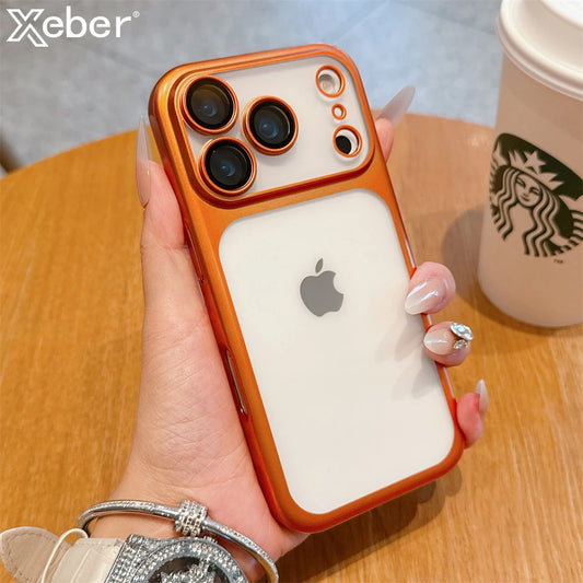 iphone 17 Luxury Frosted Transparent Matte Phone Case For iPhone 16 15 17 Pro Max Air Full Lens Protector Metallic Color Frame Armor Cover
