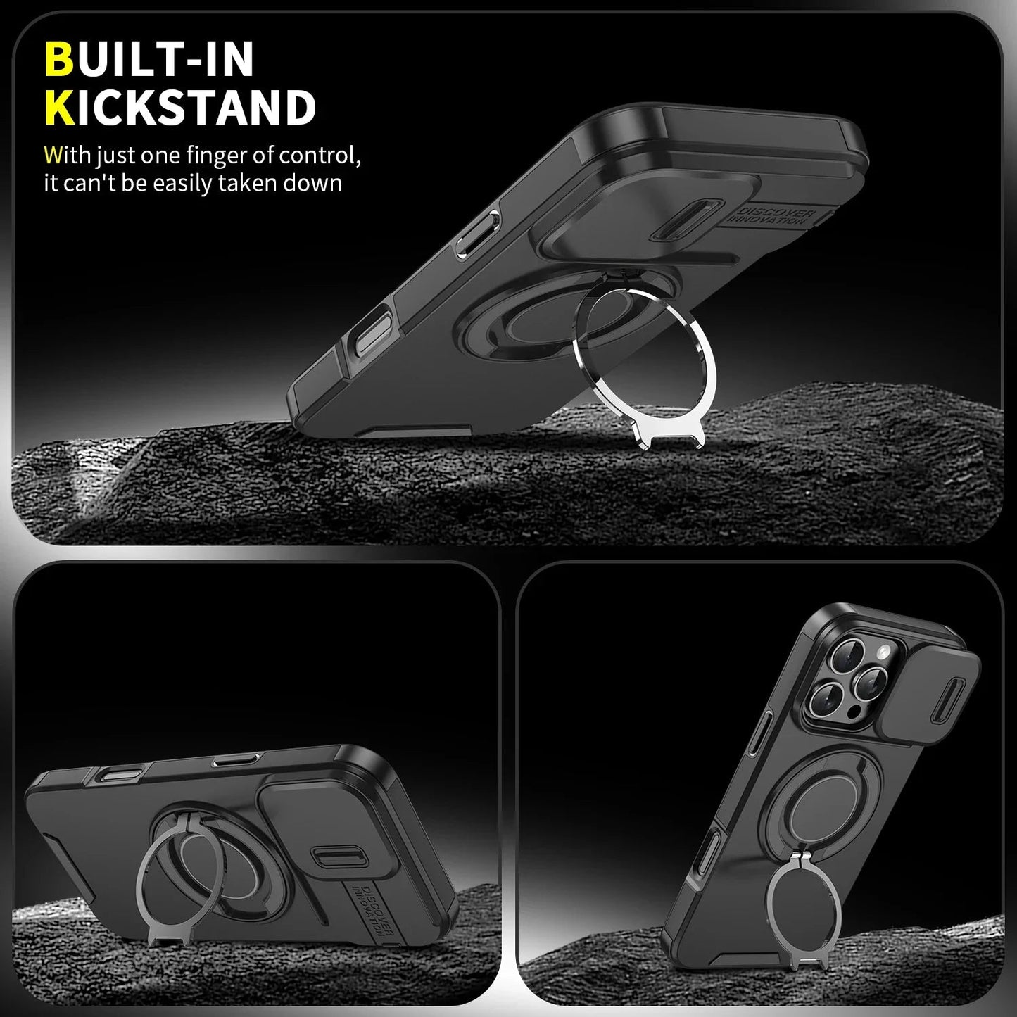 Luxury Heavy-Duty Rugged Armor Magnetic Bracket Case For iPhone 17 16 15 14 13 12 11 Pro Max Slide Camera Protection PC Cover Jes Mart
